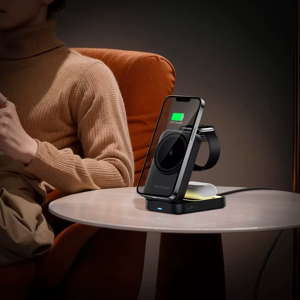 Desktop Portable 3-in-1 Foldable Magnetic Wireless Charging Station 15W Fast Charger Stan