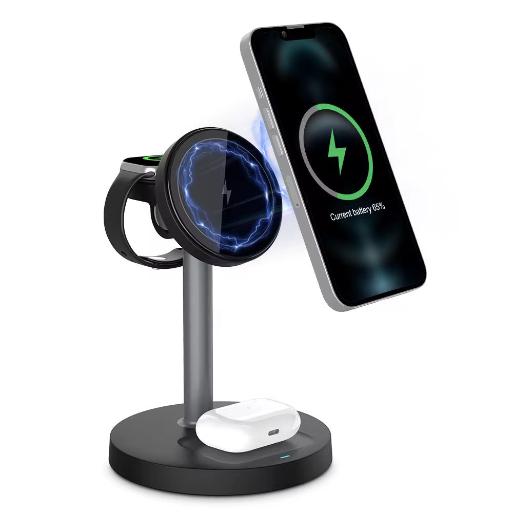 3-in-1 Wireless Charger with Magnetic Charging Station Holder Rotation Travel Charger Adapter for Airpods Phone Watch