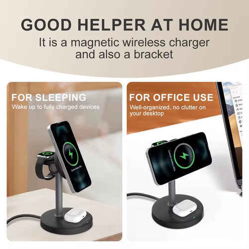 3-in-1 Wireless Charger with Magnetic Charging Station Holder Rotation Travel Charger Adapter for Airpods Phone Watch