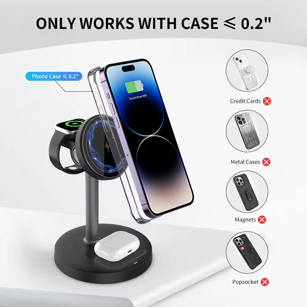 3-in-1 Wireless Charger with Magnetic Charging Station Holder Rotation Travel Charger Adapter for Airpods Phone Watch