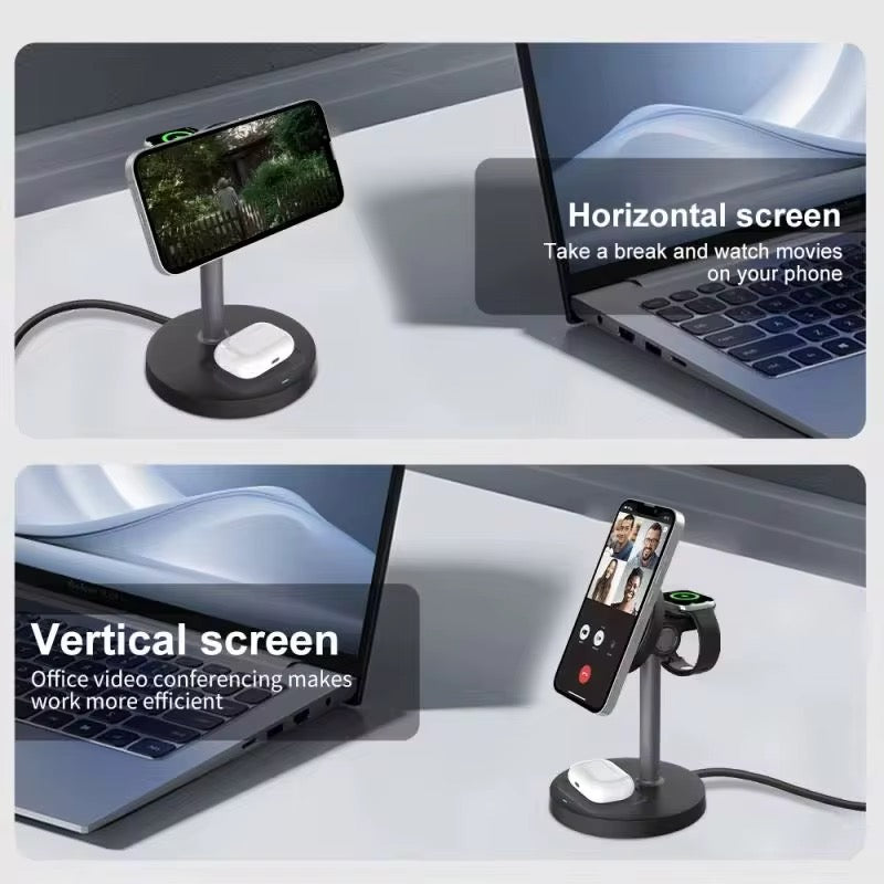 3-in-1 Wireless Charger with Magnetic Charging Station Holder Rotation Travel Charger Adapter for Airpods Phone Watch