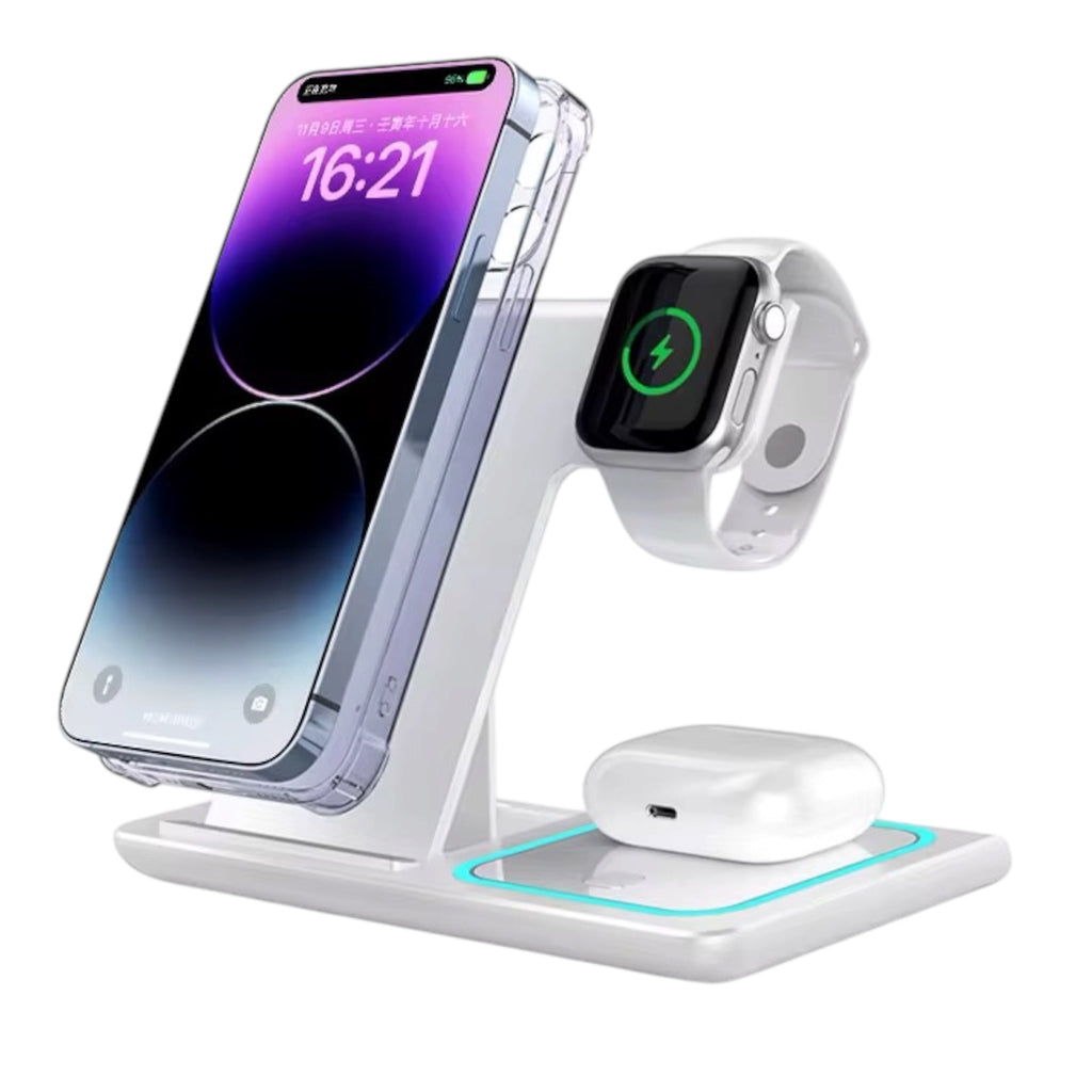 Foldable 3-in-1 Wireless charging station, 15W Fast charging Station with Led Light.